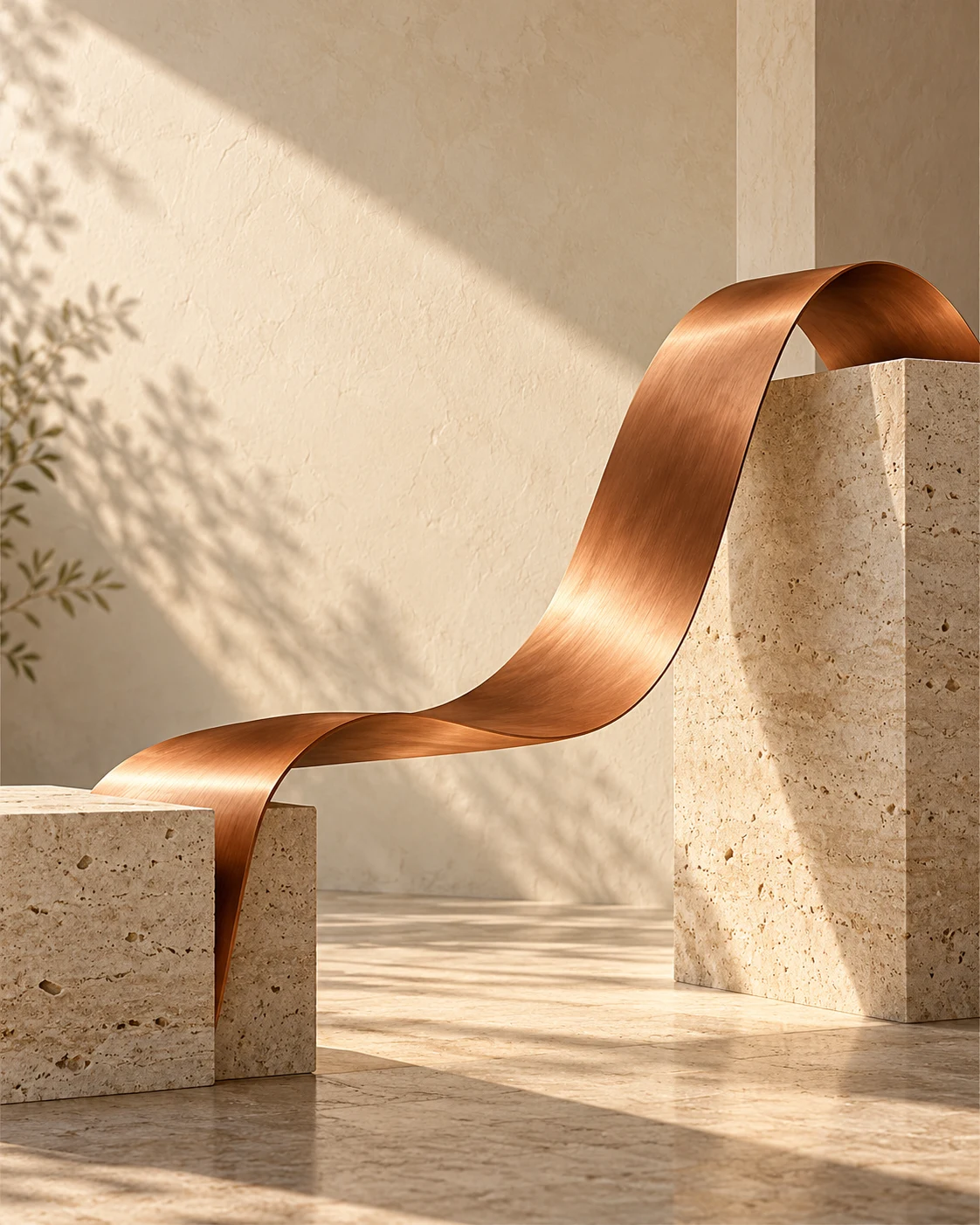 An abstract copper ribbon bridging stone forms in a sunlit gallery